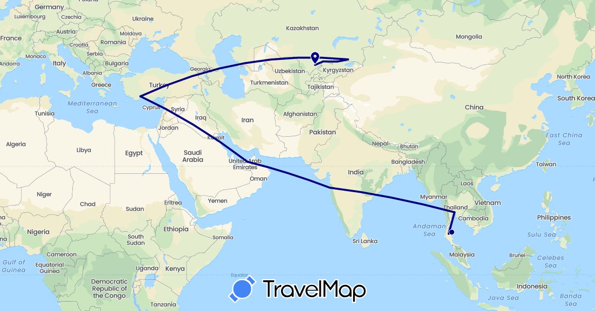 TravelMap itinerary: driving in United Arab Emirates, India, Kyrgyzstan, Kazakhstan, Thailand, Turkey (Asia)